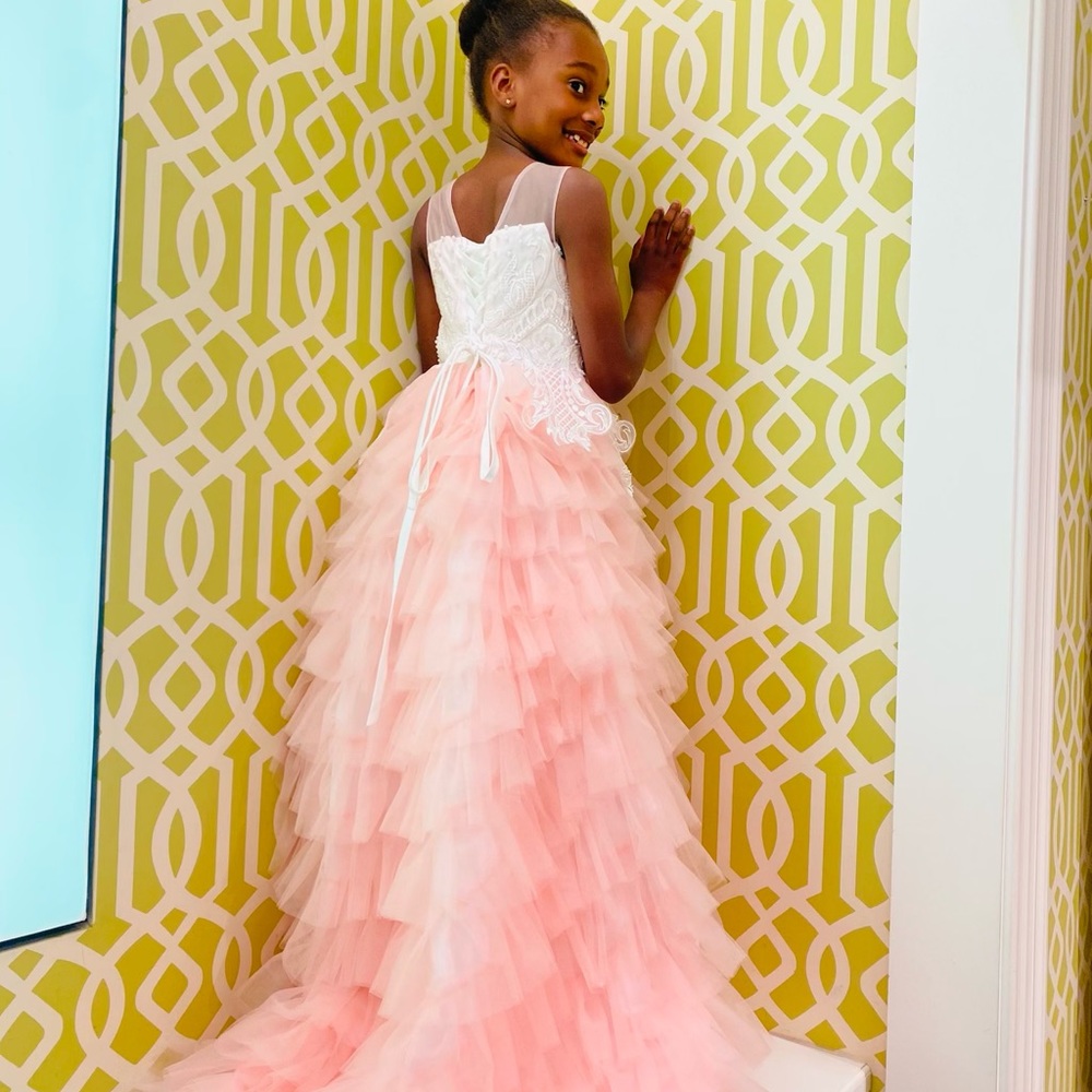 High Low Tulle Laced Up Back Gown for Girls